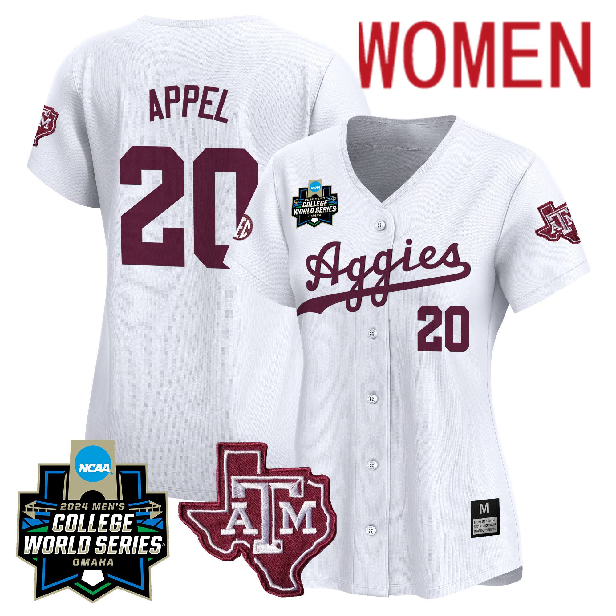 Women Texas A&M Aggies #20 Appel White 2024 College World Series Vapor Premier Limited NCAA Jersey->women nfl jersey->Women Jersey